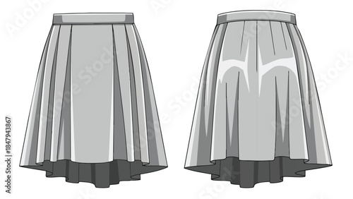 Versatile Pleated Skirt Designs: Front and Back Views for Fashion Illustration