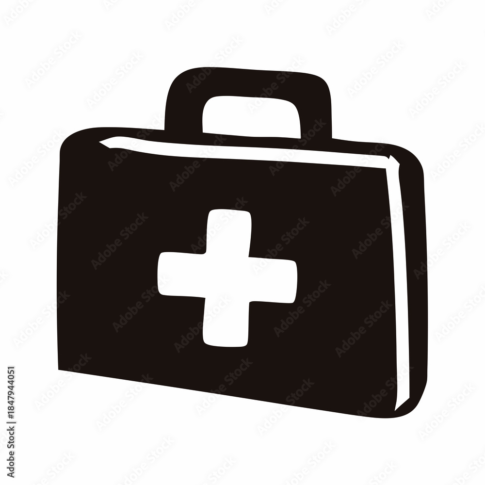 Obraz premium First aid kit medical case icon- Black silhouette icon of a first aid medical case with cross symbol, representing healthcare, emergency response, safety equipment, and medical support. 