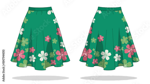 A vibrant emerald green flared skirt adorned with a charming scattering of pink and white blossoms