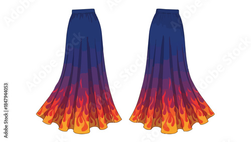 Fiery Gradient Maxi Skirts Illustrating Dynamic Flame Patterns in Bold Colors