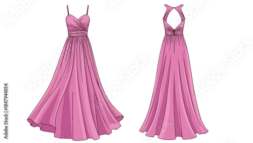 Elegant flowing pink formal gown designs showcasing a draped bodice and open back detail for sophisticated evening wear