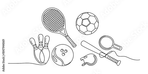 Continuous line drawing illustration of sports equipment set including tennis, bowling, and baseball gear Vector, illustration