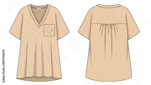 Fashion illustration showcasing a versatile v-neck tunic with pleating and pocket detail front and back views