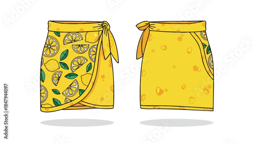Vibrant yellow wrap skirt with a playful lemon and leaf pattern and a solid counterpart