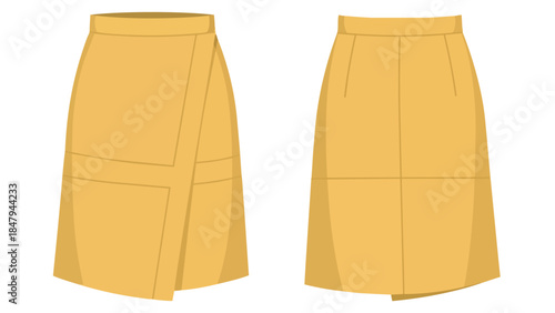 Detailed Flat Fashion Illustration of a Modern Yellow Wrap Skirt from Front and Back Views