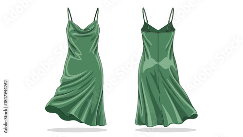 Elegant Emerald Green Satin Slip Dress Rendered in a Two-View Fashion Illustration