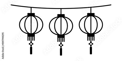 A simple black and white drawing of three traditional chinese lanterns hanging together Vector, illustration