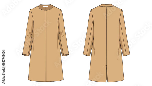 Fashion illustration showcasing a minimalist tan trench coat design with front and back views for apparel creation