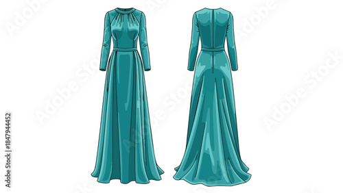 Elegant Teal Flowing Gown Design with Gathered Neckline and Long Sleeves Front and Back View