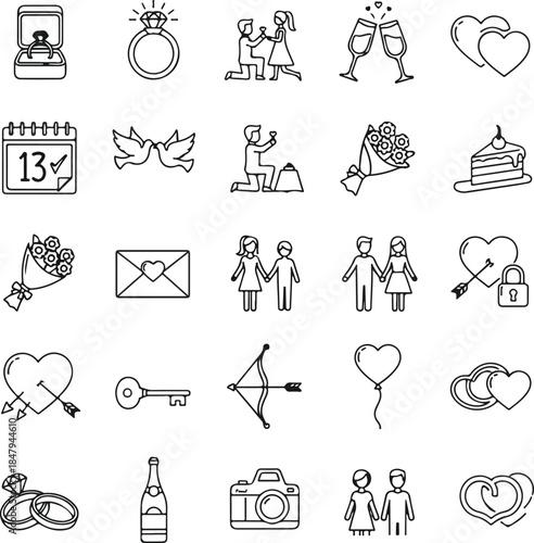 Engagement Proposal Line Icons Black White Romantic Love Set
