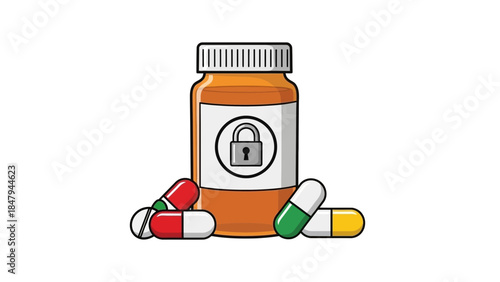 Secure medication bottle with colorful pills and locked label
