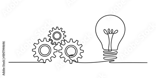 Continuous single line drawing of three gears and a light bulb representing idea generation process Vector, illustration