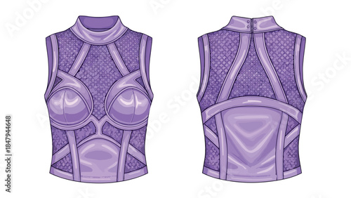 Striking Futuristic Lavender Halter Neck Corset Top with Intricate Geometric and Mesh Detailing Rendered from Front and Back