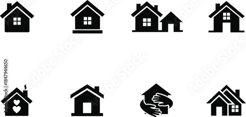 A collection of black silhouette house icons for real estate and home concepts