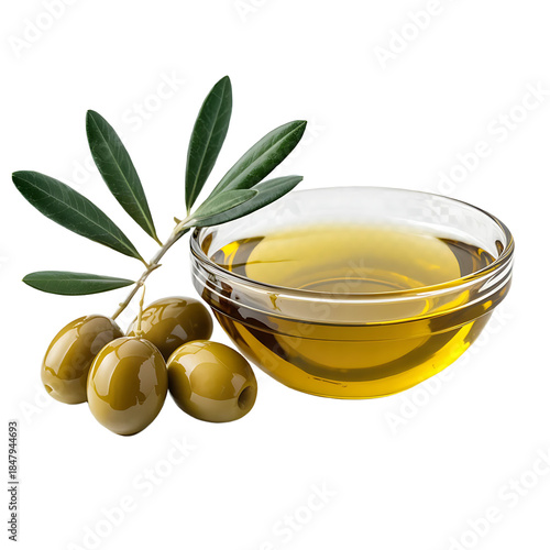 A transparent bowl of golden olive oil next to green olives and a fresh olive branch isolated on transparent background