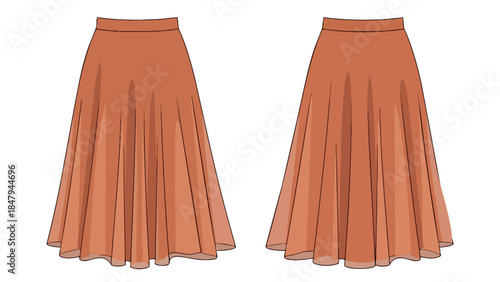 Elegant A-line skirt design illustration front and back view terracotta color fashion design sketch