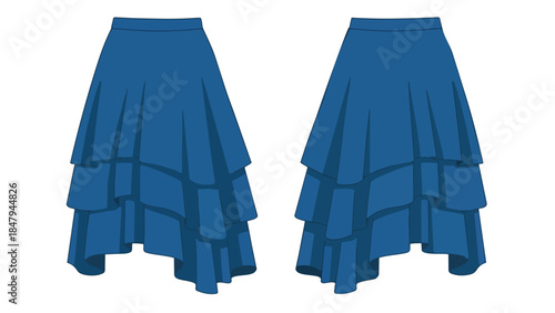 Elegant blue tiered ruffle skirt front and back view fashion illustration isolated on white background