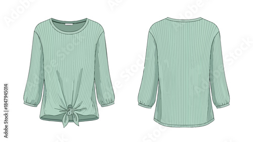 Fashionable mint green ribbed long-sleeved top with a knot detail at the front and balloon sleeves presented in front and back views