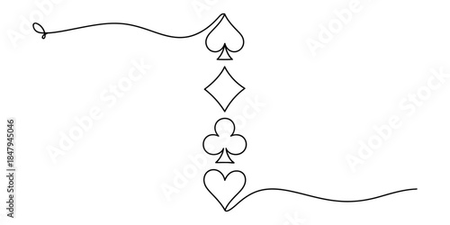 Minimalist continuous line drawing of four playing card suits: spade, diamond, club, and heart Vector, illustration