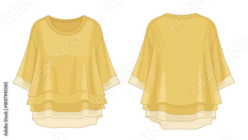 Front and back view illustration of a flowing yellow tiered t-shirt with wide sleeves and a relaxed fit showcasing its stylish design details