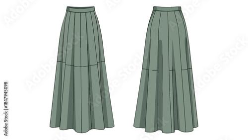 Elegant Pleated Maxi Skirt Technical Fashion Illustration with Front and Back Views
