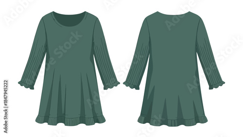 Fashion illustration of a long-sleeved pleated dress design presented in front and back views for apparel development and creation