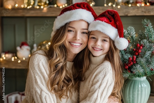 Happy mother and daughter wearing festive hats celebrate holiday season indoors