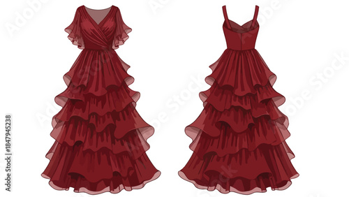 Exquisite Tiered Crimson Gown with Flowing Ruffles Displayed Front and Back for Fashion Design Visualization