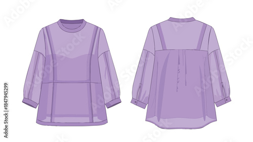 Fashion flat illustration of a lavender blouse with voluminous sleeves displayed front and back views