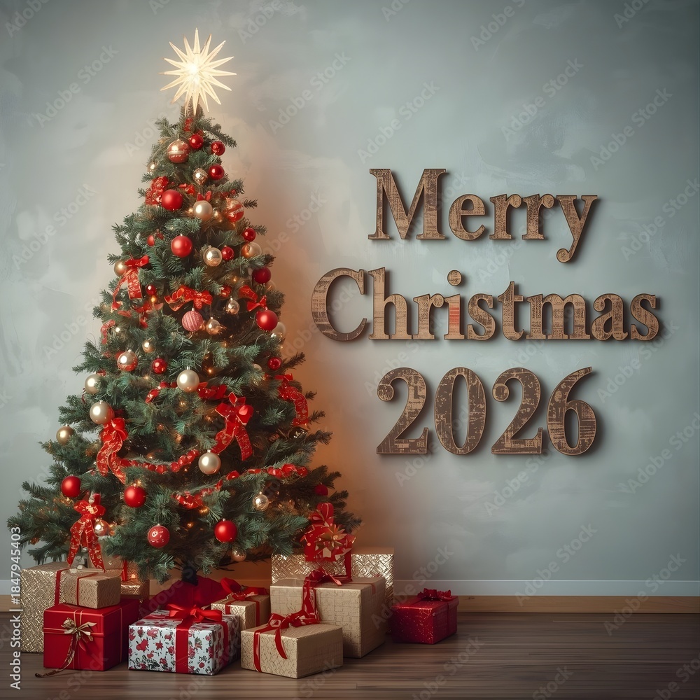 Obraz premium Christmas tree with presents isolated on white background
