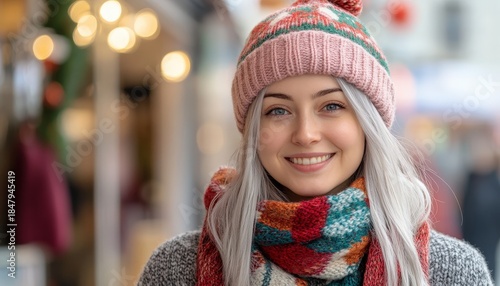 Young woman with light hair smiles warmly while wearing knitted winter headwear and a colorful scarf outdoors