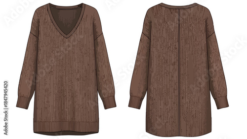 Cozy V-Neck Long-Sleeve Knitted Tunic Sweater Mockup Front and Back View Brown Color Detailed Texture Illustration