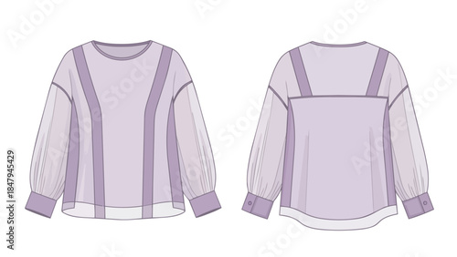 Minimalist fashion design illustration of a light purple long-sleeved blouse with subtle paneling and puffed sleeves