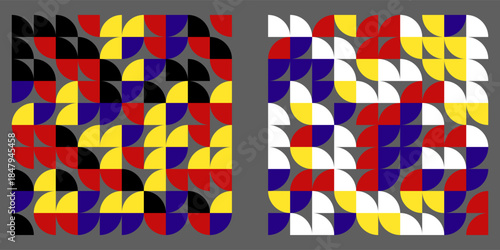 Geometric abstract background pattern. Bauhaus style art. Circle, semicircle, square. Designed using primary color tones. Vector illustration.Print