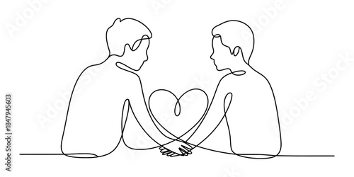 Continuous line art of two men forming a heart with their hands, symbolizing gay love and connection Vector, illustration