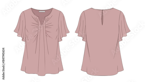 Fashion illustration of a dusty rose colored top with gathered neckline and bell sleeves front and back views