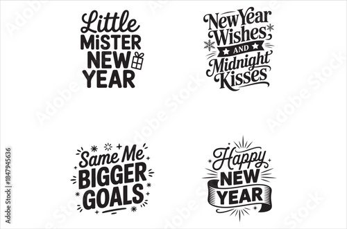 Festive new year typography designs with wishes kisses and bigger goals
