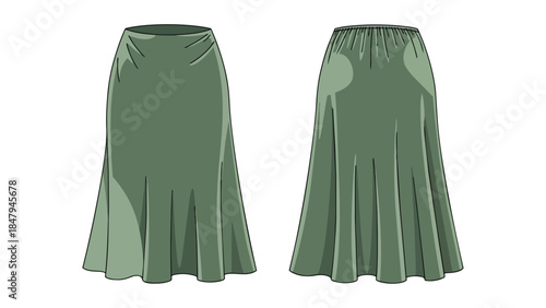 Versatile Sage Green Maxi Skirt Design Isolated on White Background Showing Front and Back Views of Flowing Fabric