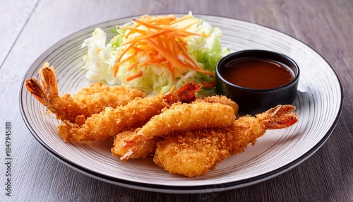 Wallpaper Mural japanese ebi fry with crispy breaded shrimp cabbage salad and sauce on white plate Torontodigital.ca