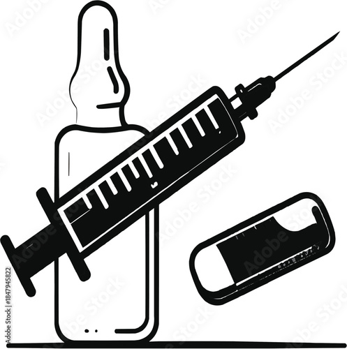 Medical syringe and vial with mobile phone on black background
