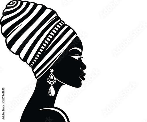 African woman silhouette, headwrap profile, cultural fashion, elegant earring, black and white art, tribal beauty, ethnic illustration, graceful portrait