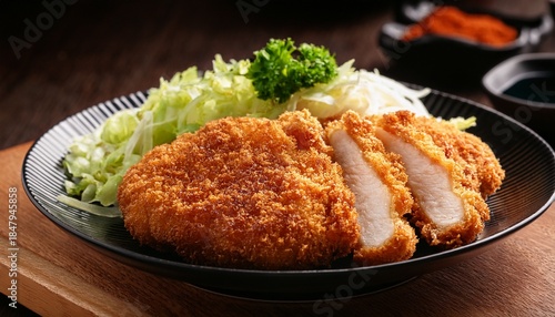 side view of tonkatsu on wood table
