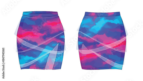 Abstract Tie-Dye Patterned Pencil Skirt Designs Featuring a Slit and Overlay Detail