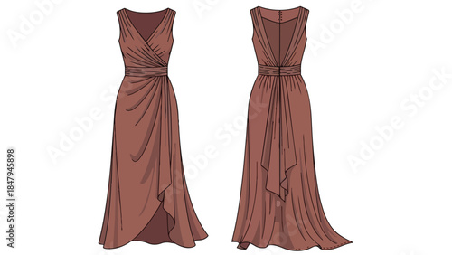 Elegant Floor-Length Gown Design with Draped Skirt and V-Neckline Presented in Front and Back Views