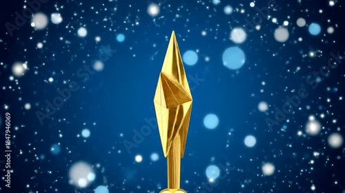 Golden star trophy shining brightly against a blue background with floating snowflakes and sparkles