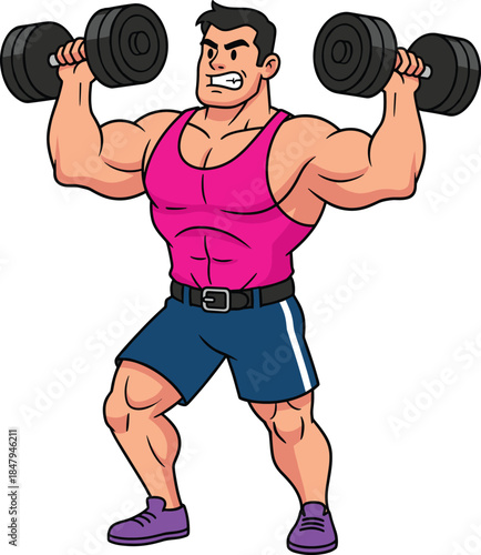 Cartoon, muscular, man, lifting, dumbbells, fitness, strength, gym, workout, exercise, power, training, athlete, active, healthy, motivation, illustration, character, sportswear, determined