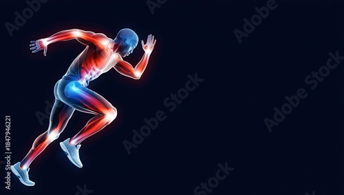 Explosive Sprinting Figure with X-Ray Muscle Highlights on Black Space
