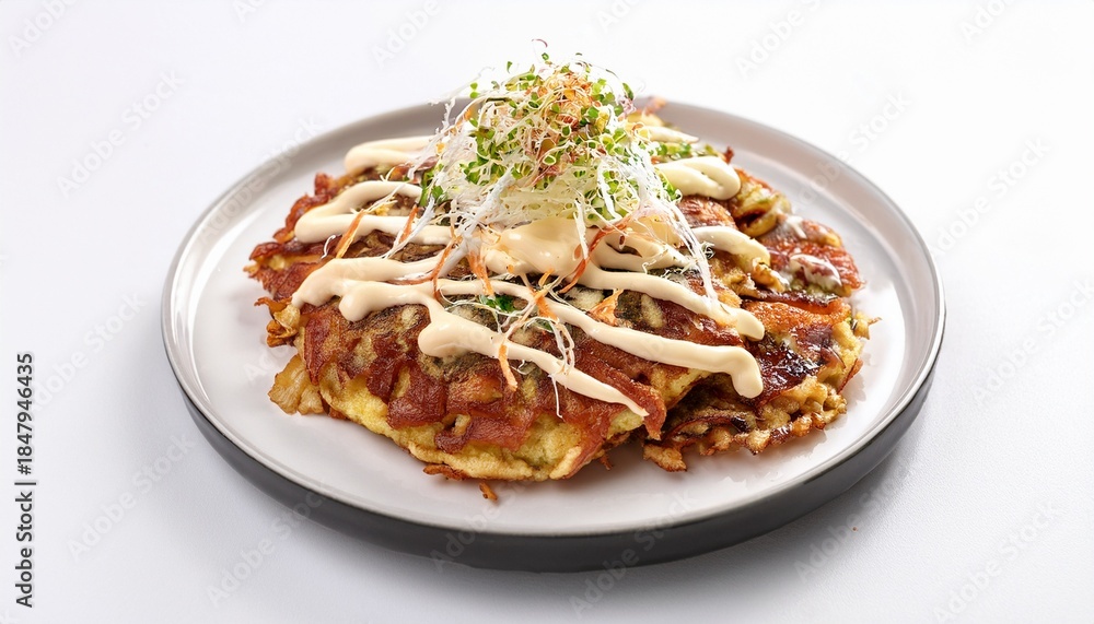 Fototapeta premium okonomiyaki slices with mayonnaise sauce bonito flakes on white plate on white background