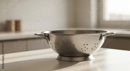 Empty stainless steel colander on a light countertop in a modern kitchen