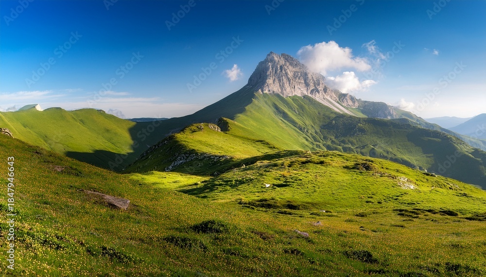 Fototapeta premium mountain peak rising above a green valley sunny landscape